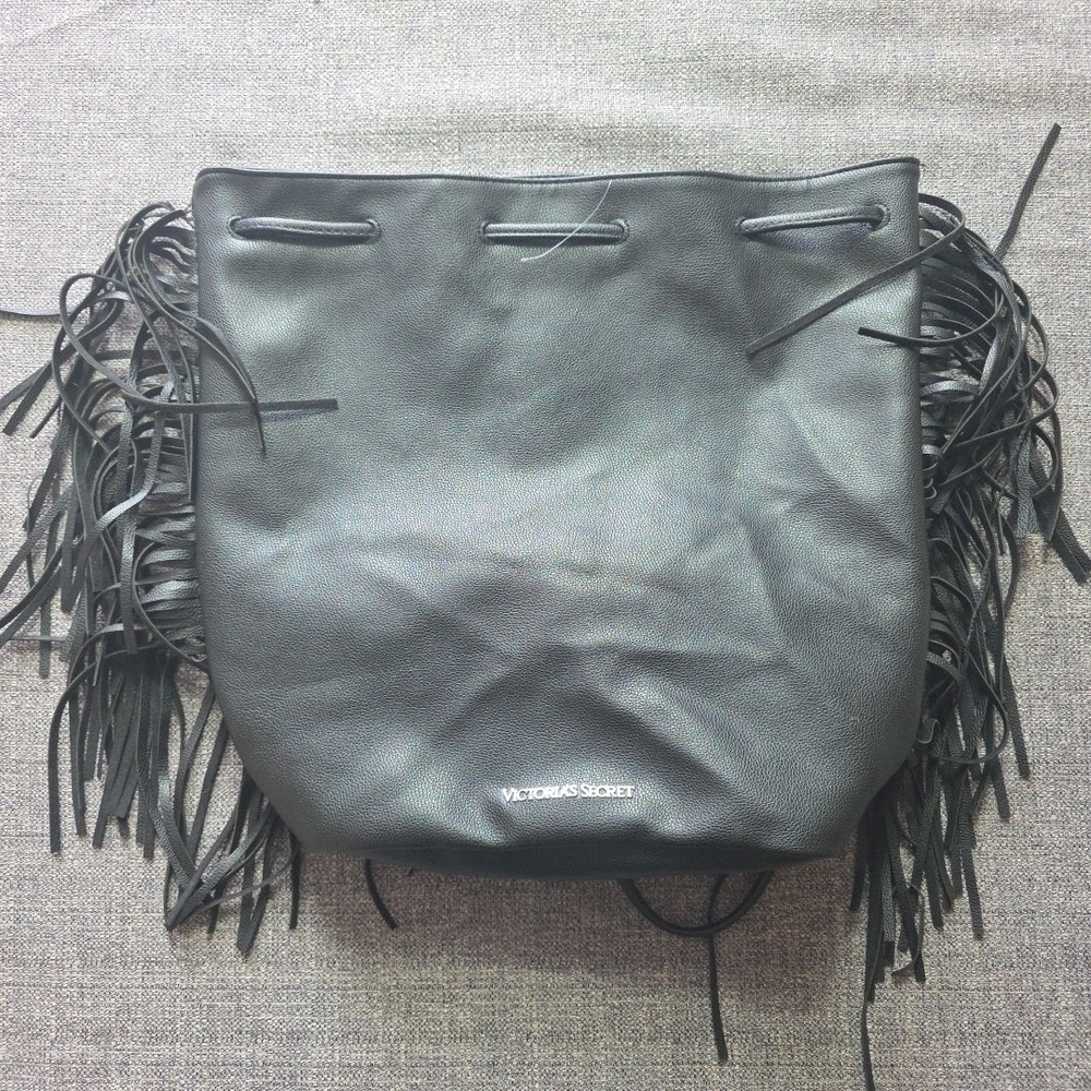 Victoria's Secret Purse Drawstring Bag Black Faux Leather Side Fringe 11067913‎